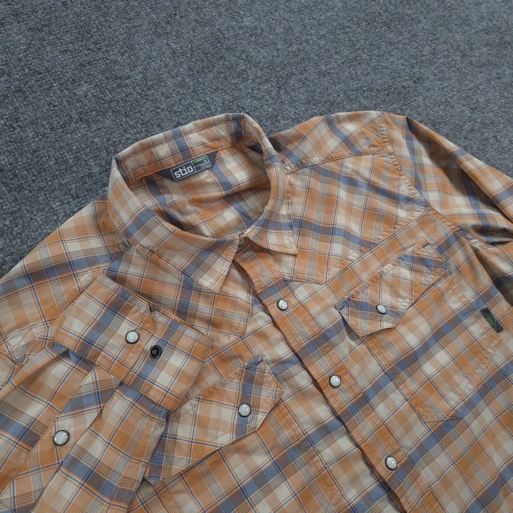 Stio Shirt Mens M Orange Plaid Eddy Western Pearl Snap Lightweight Hike Outdoors